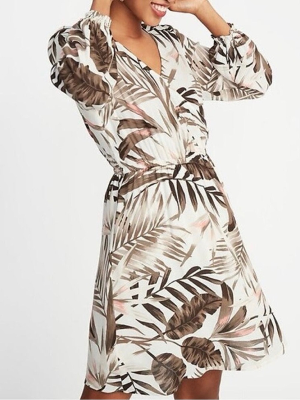 Old Navy Large Palm Leaf Faux Wrap Waist Defined Crepe Dress